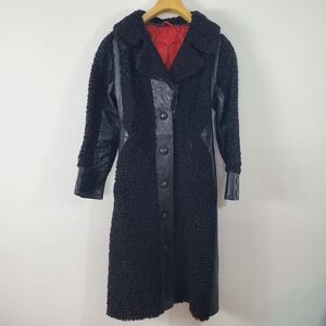 Vintage 60s Curly Lamb Fur Leather Coat Art Deco Belt Buckle Funky Lining Black